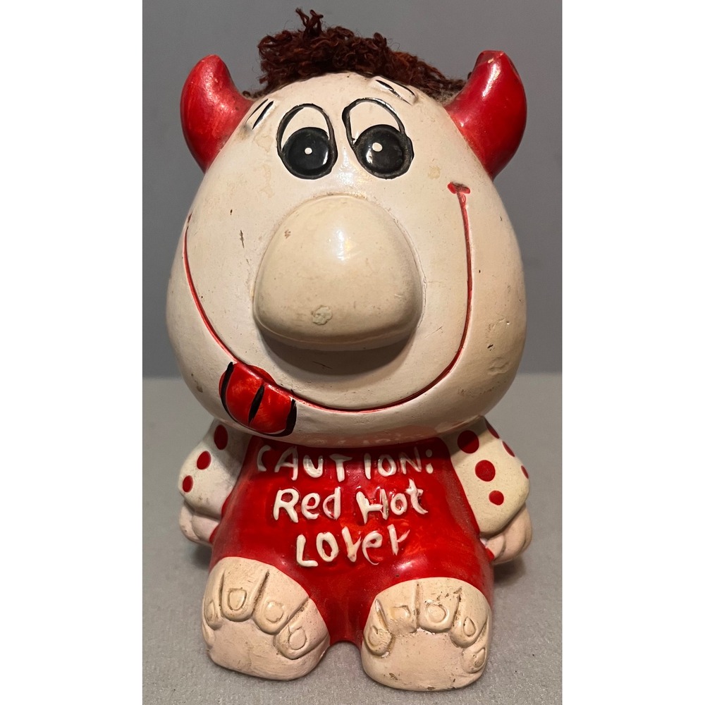 Vintage Red Hot Lover Devil Ceramic Coin Bank Yarn Hair Kitschy‎ 6 Inch Taiwan